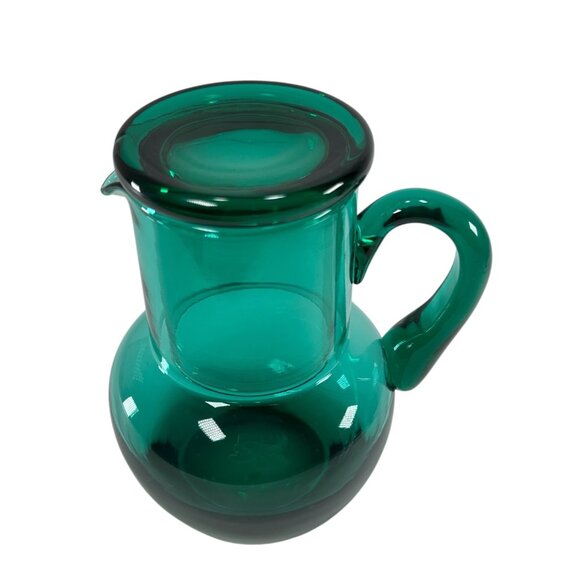 RARE Teal Glass Hand Blown Vintage Tumble Up Guest Pitcher and Cup Matching Set - Picture 4 of 15